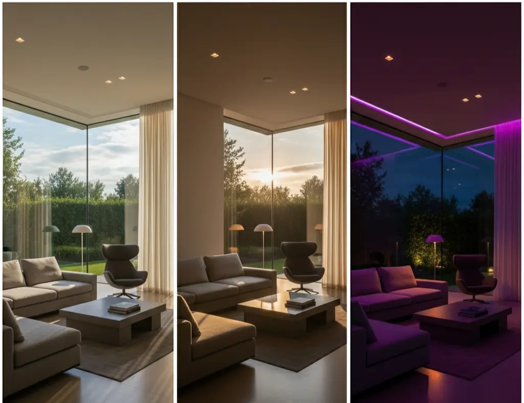 Dramatic three-part comparison showing the same luxurious interior space transitioning from bright morning sunlight, through warm evening ambiance, to precise nighttime DALI lighting control