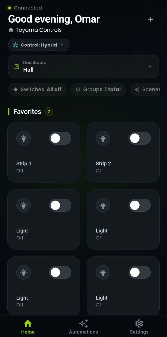 WizHom dashboard for lights, quick actions and connected devices